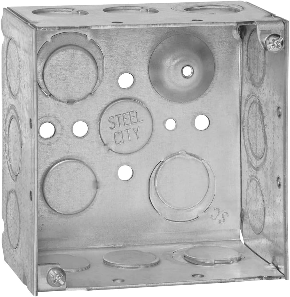 Steel City 52171 1/2&3/4E Pre-Galvanized Steel Square Box with Ground Bump and 1/2-Inch and 3/4-Inch Eccentric Knockouts