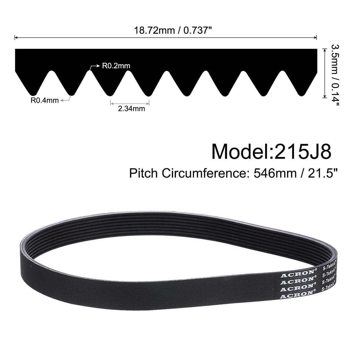uxcell 215J8 PJ V-Ribbed Belt 8 Ribs 21.5" L x 0.74" W x 0.14" H, EPDM