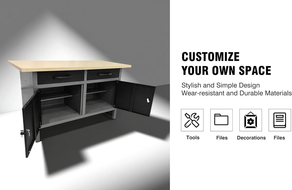 Steel Workbench with Two Drawers & Two Cabinets, Includes 3 Metal Pegboards and 22 Hooks, Wooden Tabletop for Garage