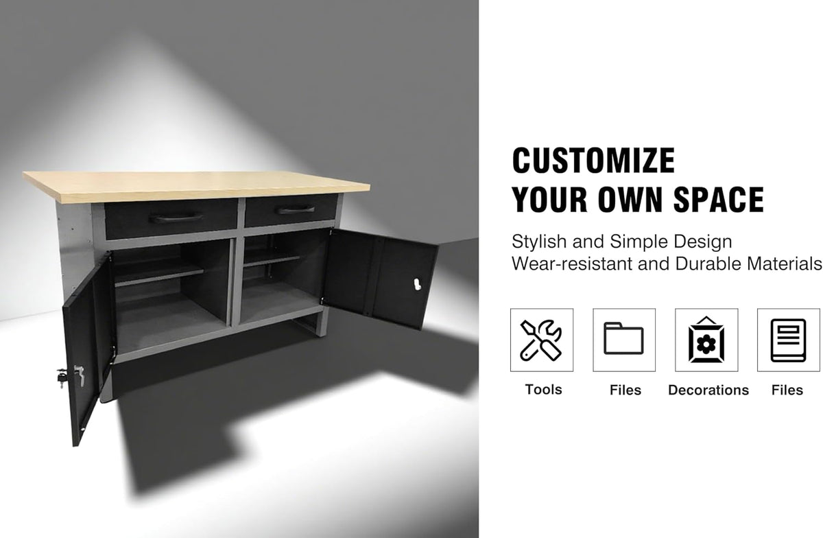 Steel Workbench with Two Drawers & Two Cabinets, Includes 3 Metal Pegboards and 22 Hooks, Wooden Tabletop for Garage