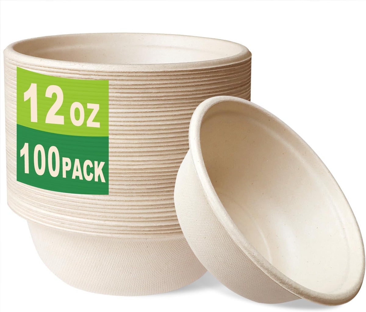 100 Count 12 OZ Compostable Bowls, Small Unbleached Biodegradable Bagasse and Bamboo fiber Paper Bowls