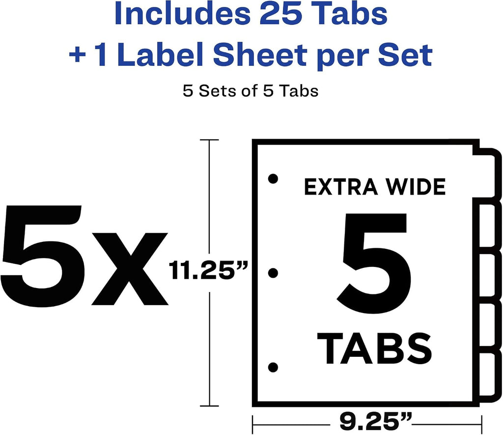 5-Tab Extra Wide Binder Dividers, Easy Print & Apply Clear Label Strip, Index Maker,White, 5 Sets (11440)