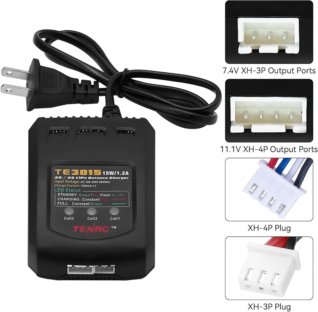 LiPo Battery Charger - 2S 3S RC Batteries Balance Chargers AC 7.4-11.1V 15W 1.2A with XH3P XH4P Plug for RC Car LiPo