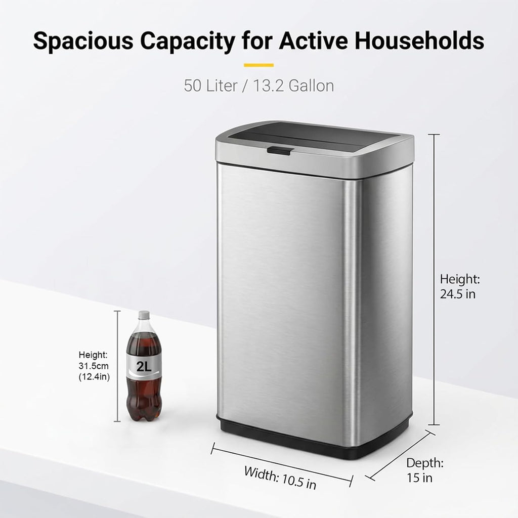 13.2 Gallon Trash Can with Lid Motion Sensor, 50 Litre Brushed Stainless Steel Kitchen Trash Can Automatic with 10
