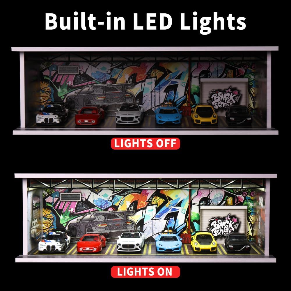 1/64 Scale Diorama Garage Display Case for Die-cast Model Cars | Acrylic Cover, Storage with 6-Space Scene Parking