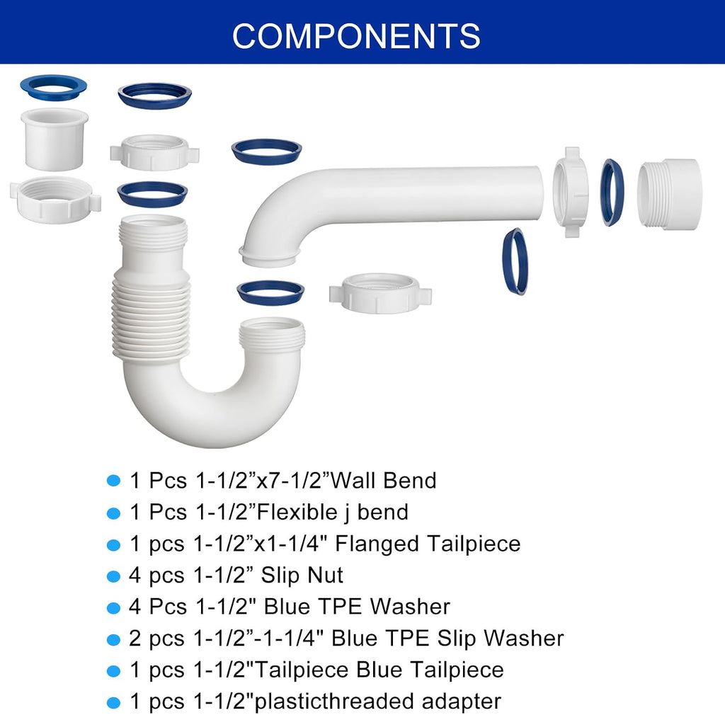(1 Pack) Yariwiz White P Trap 1-1/2 Inch for Bathroom Kitchen Sink Drain Pipe Tubular Kit with Adjustable J-Bend