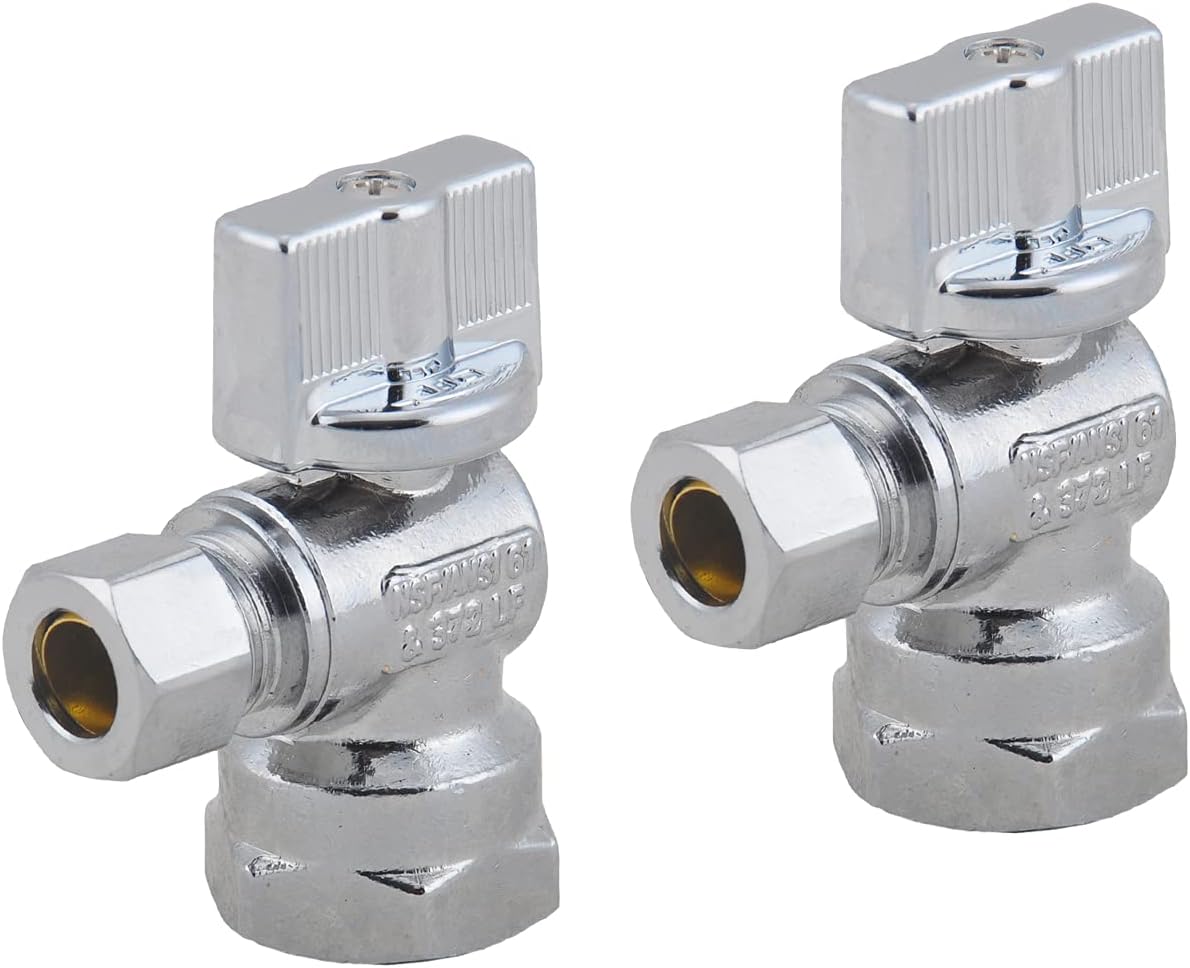 LD Valve -1/4 Turn Angle Stop Valve 1/2-in FIP Iron Pipe x 3/8-in OD Compression, Quarter Turn LF Brass Chrome Plated