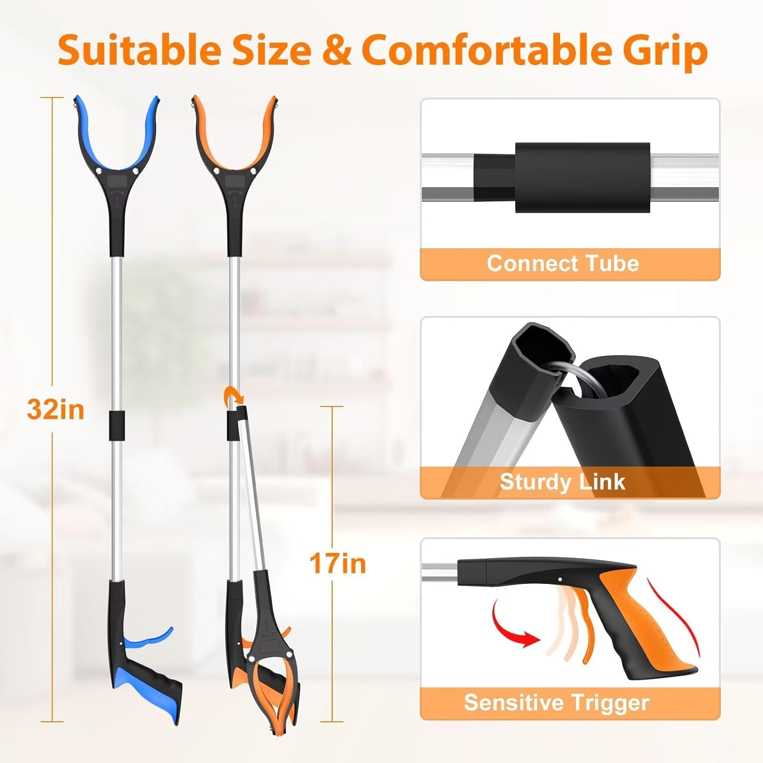 32" Grabber Reacher Tool, 2-Pack Foldable Reacher Grabber Pickup Tool with 360° Rotating Jaw & Magnet, Trash Picker