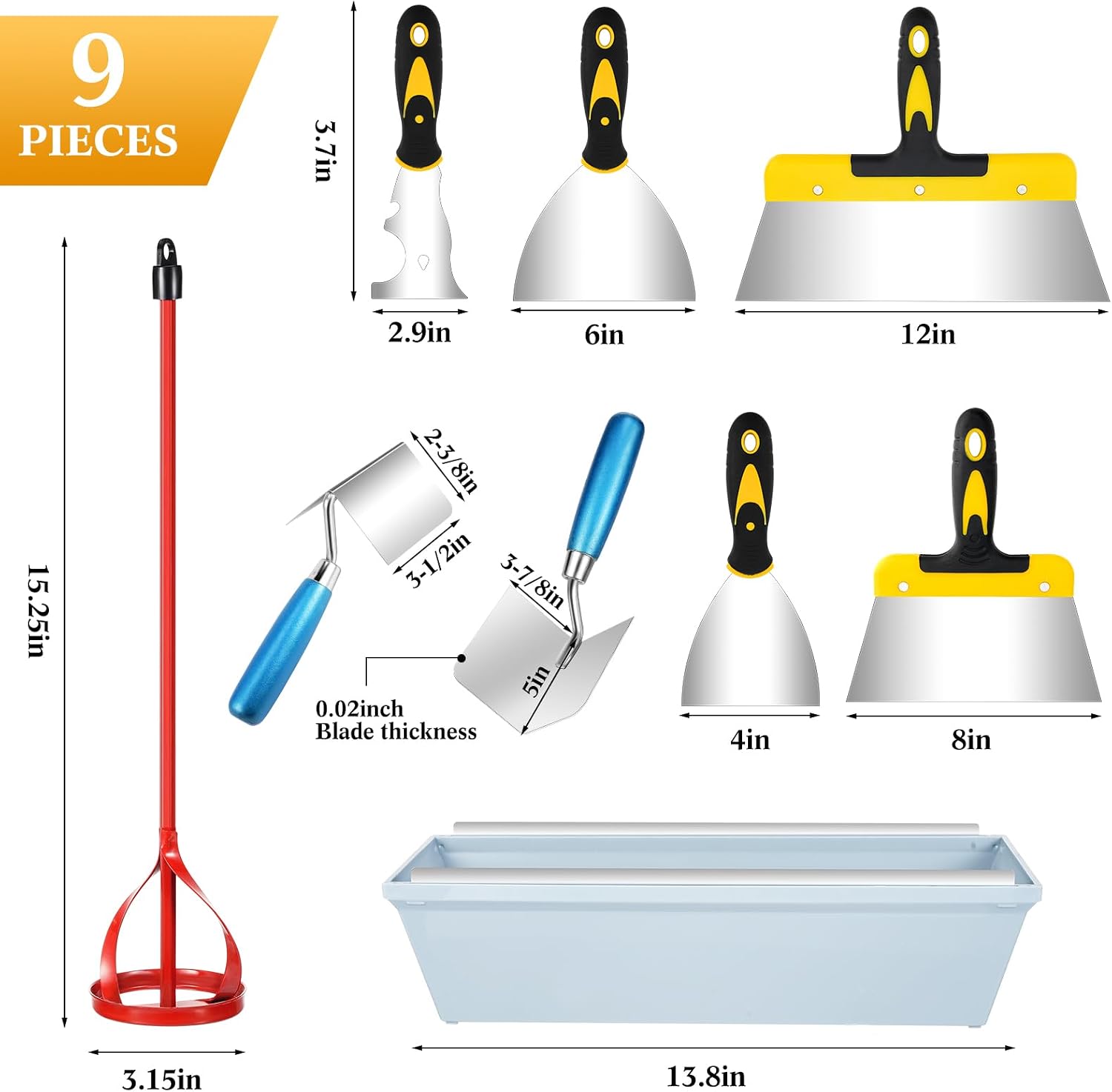 9 Pcs Drywall Knife and Drywall Corner Tool Set Includes Paint Scraper Knives Inside Outside Stainless Steel Corner