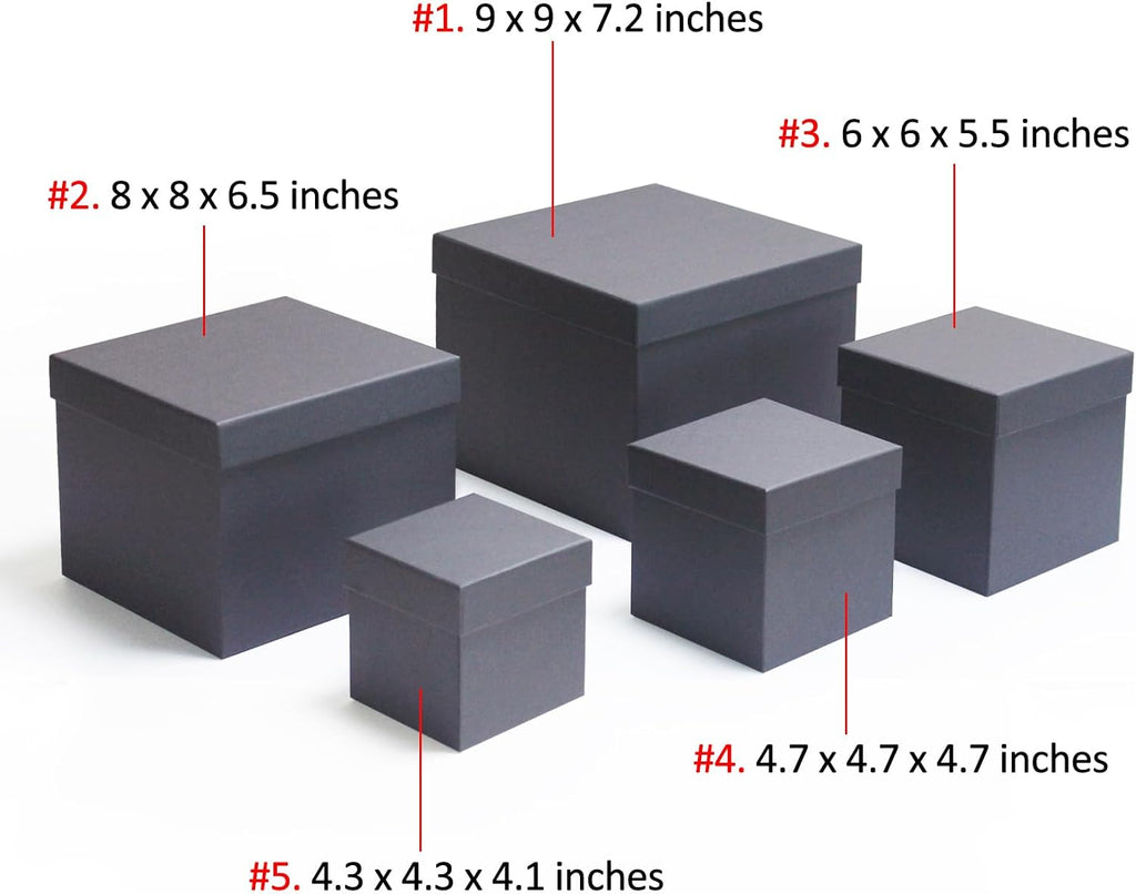 Black Gift Boxes for Presents -Nesting Set of 5 Square Gift Boxes with Lids in Assorted Sizes - Sturdy Gift Wrap