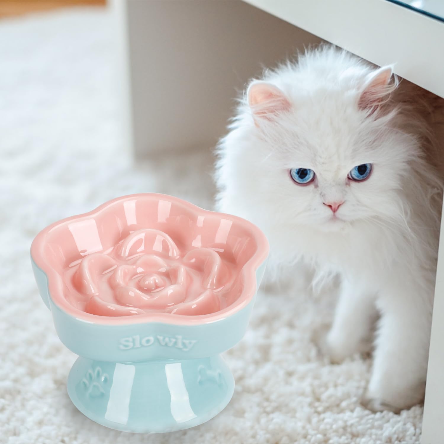 Raised Slow Feeder Cat Bowl, Ceramic Elevated and Titled Glass Food Bowl Small Dogs Slow Feeder, Flower Shaped Cute