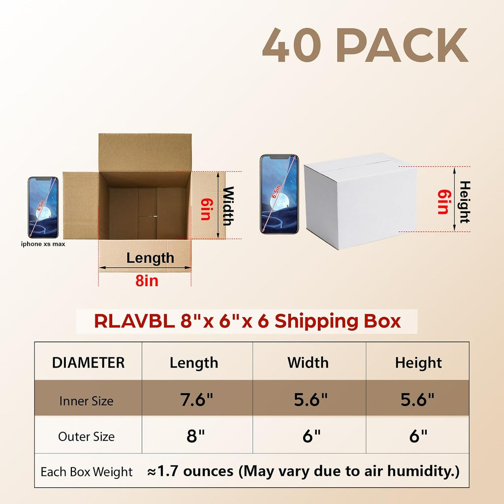 8x6x6 Shipping Boxes Set of 40, White Corrugated Cardboard Box for Packing, Mailing, Business