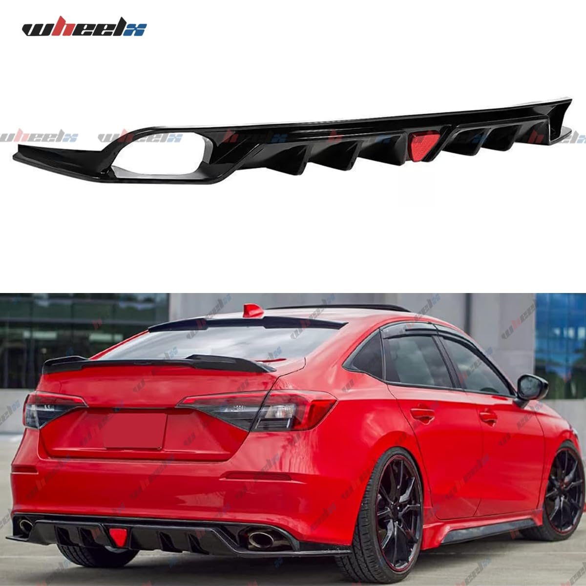 Rear Diffuser with LED Red Brake Lights Compatible with 2022-2026 Honda Civic, MC Style FE180 JDM Rear Bumper Kit Fit