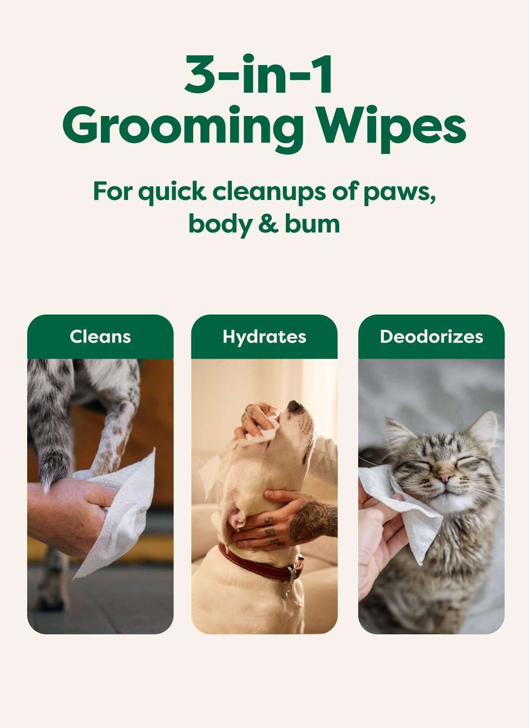 Pet Wipes for Dogs and Cats, Hypoallergenic, 3-in-1 Cleaning, Deodorizing and Hydrating