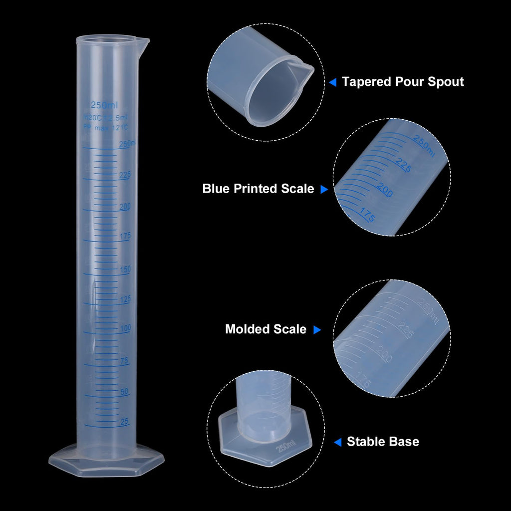 Plastic Graduated Cylinder, 250ml Measuring Cylinder, Test Tube Beakers, 2-Sided Metric Marking, Clear Hex Base for