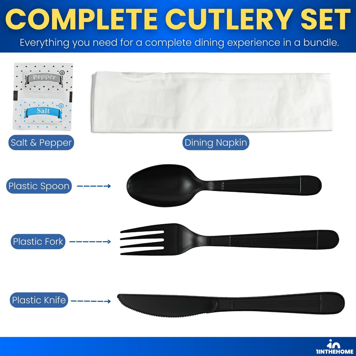 Cutlery Set Disposable Packet, Plastic Individually Wrapped Utensils Set – Knife, Fork, Teaspoon, Napkin, Salt &