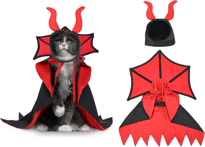 Cat Costume,Dog Halloween Costumes, Adjustable Vampire Costume with Devil Horns, Comfortable Halloween Costumes for