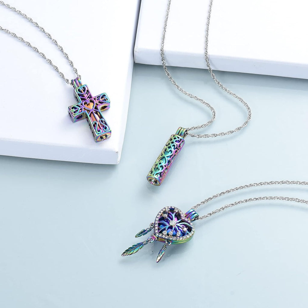 3 Pack Cremation Urn Necklace for Ashes for Women Men Heart Lotus Cross Cylinder Cremation Jewelry for Ashes Loved