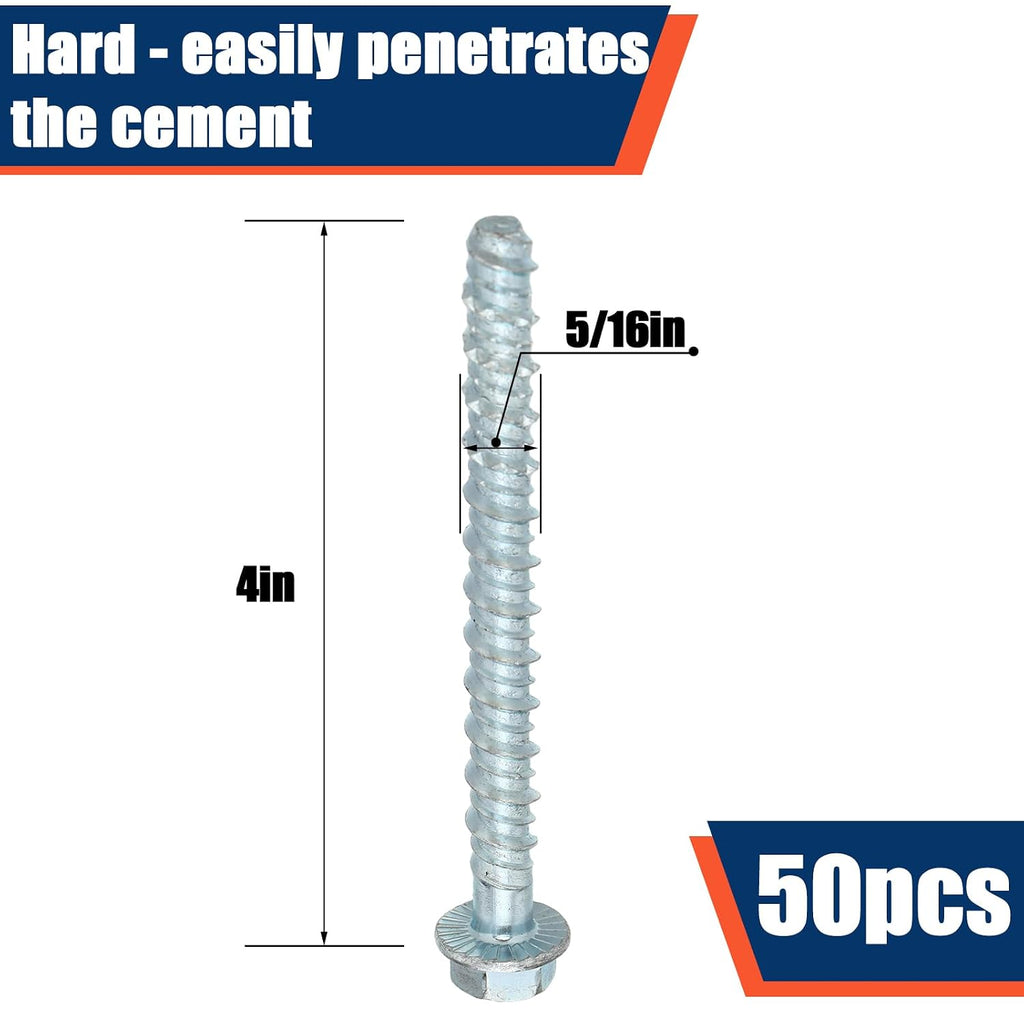 50 Pack 5/16 x 4 Concrete Anchors and Screw Kits Galvanized | Large Diameter, Concrete Bolts Screw, Hex Head, Heavy