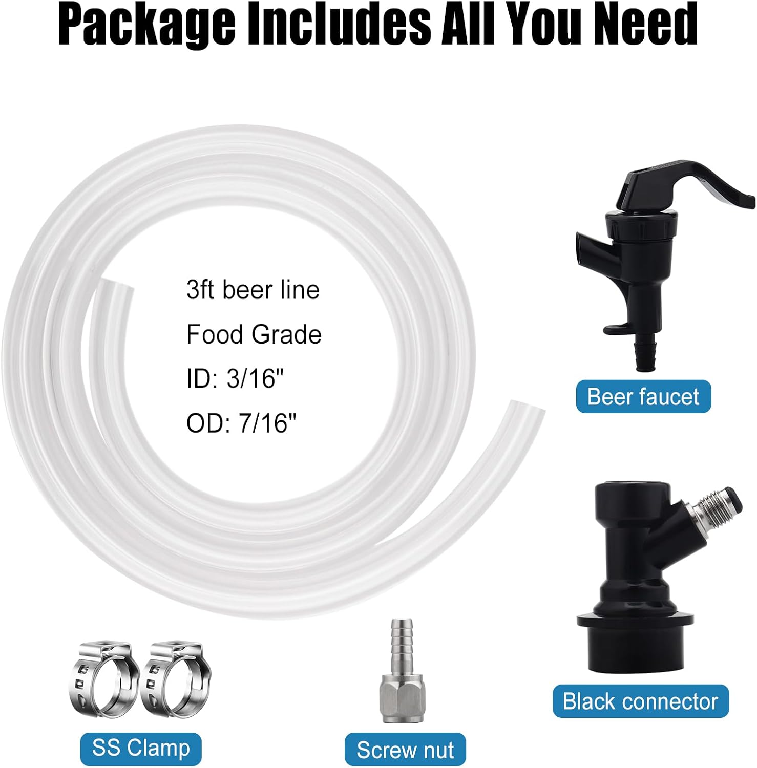 3ft Ball Lock Beer Line, Assembly Corny Keg Party Tap Beer Line | Ball Lock Liquid Quick Disconnect & Faucet Tap Kit