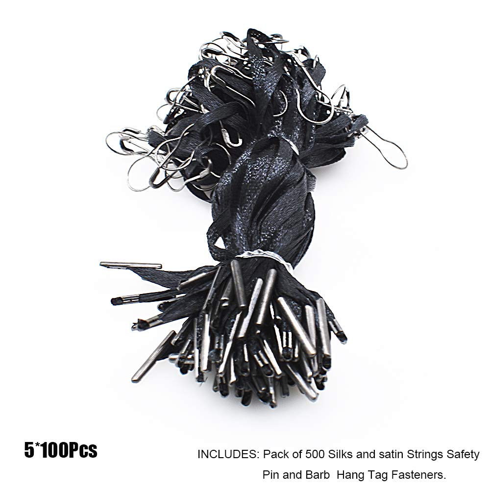 4.5" 500Pcs Hang Tag Fasteners Silks and Satin Strings Safety Pin and Barb Easy and Fast to Attach (Black)