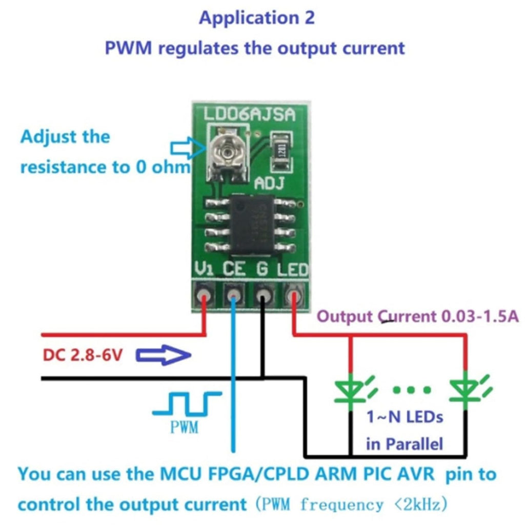 Adjustable Current LED Driver, DC 3.3V 3.7V 5V LED Driver 30-1500mA Constant Current Adjustable Module for LED Li-ion