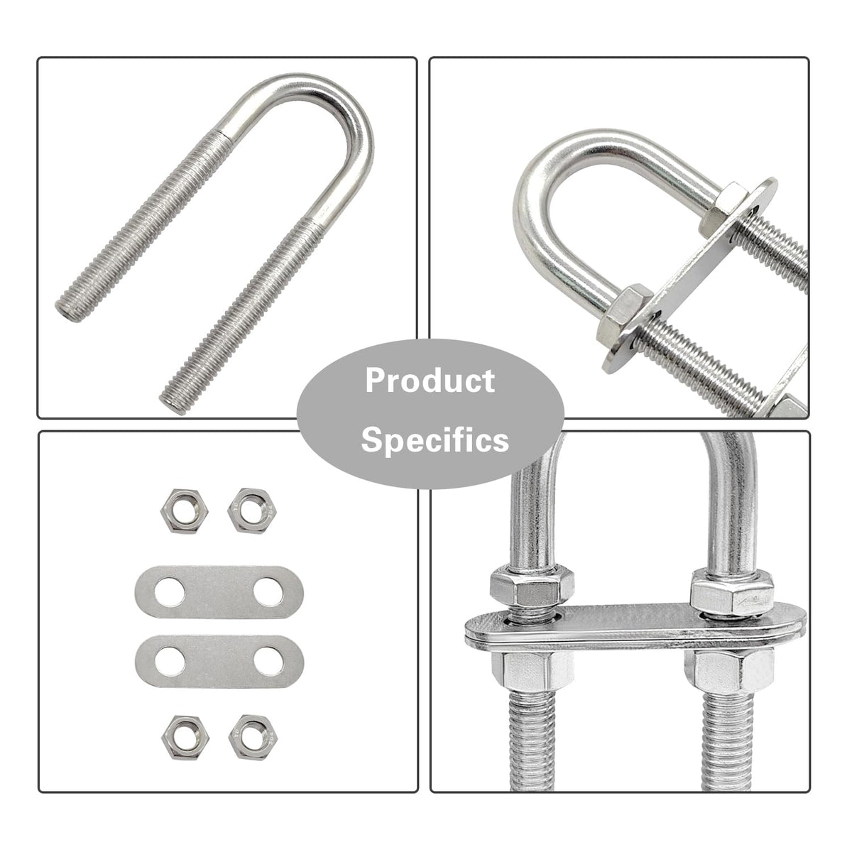 Marine Boat Stern Eye Tie Down U Bolt 3/8" Dia 3-1/2" Thread Length 2 Pack