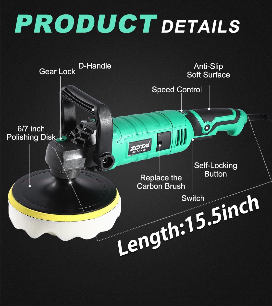 Buffer Polisher, 1600W 7 Inch/6 Inch Pure Copper Motor Car Buffers and Polishers Kit, 7 Variable Speeds 1000-3500 RPM