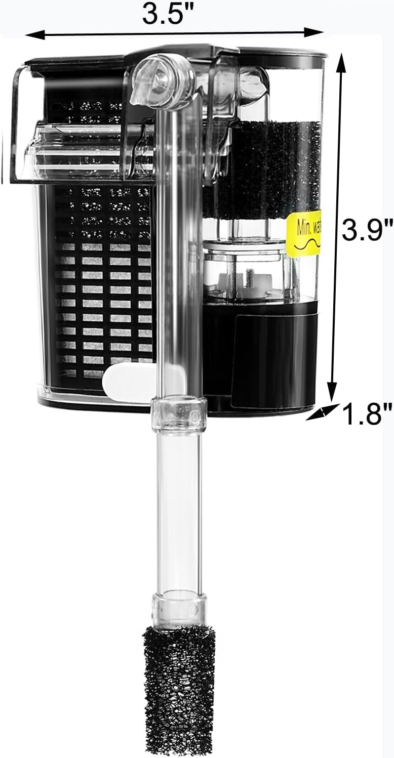 Aquarium Hang on HOB Power Filter 5 Gallon Rimless Small Fish Tank Filter 90GPH (up to 5Gal)