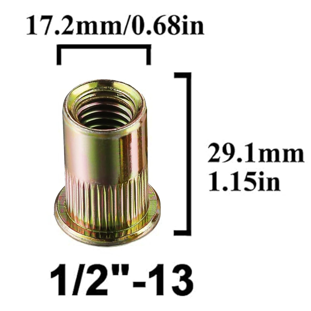 Rivet Nut 1/2"-13UNC 20Pcs Yellow Zinc Plated Finish Flat Head Knurled Body