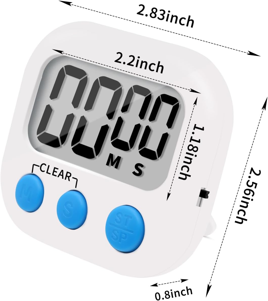 6 Pack Small Digital Kitchen Timer Magnetic Back and ON/Off Switch,Minute Second Count Up Countdown, White