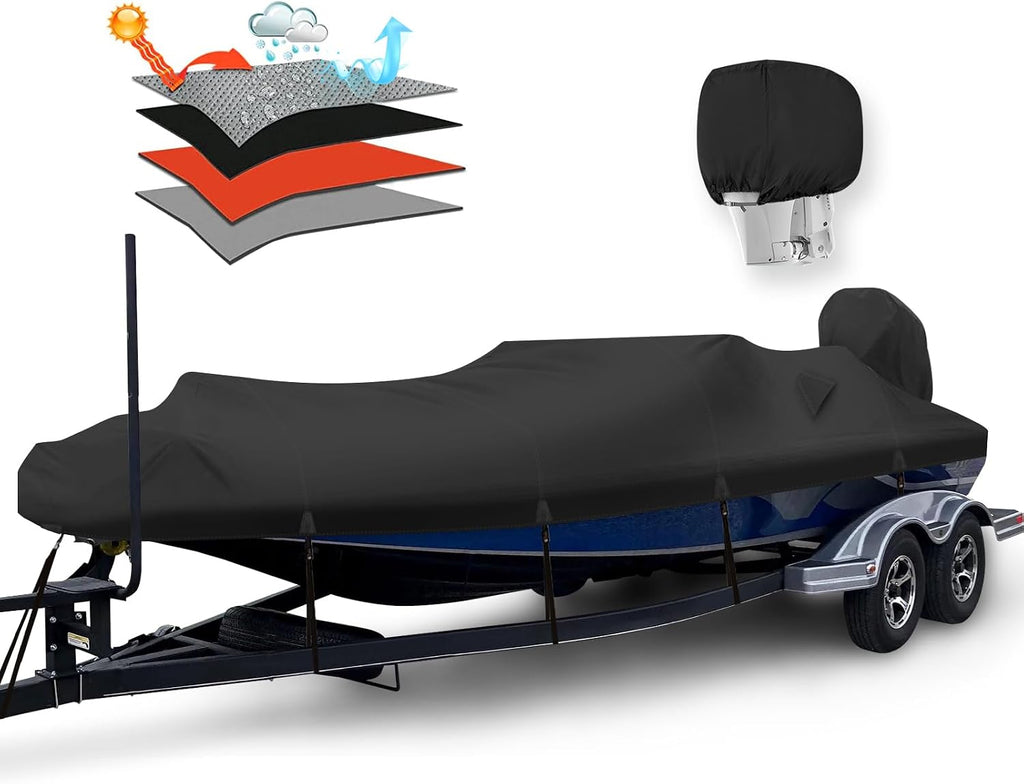 14-16FT Bass Boat Cover with Motor Cover, 1200D PU Waterproof Trailerable | Marine Grade Oxford Fabric, UV & Tear