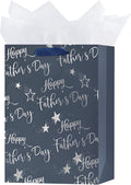 12.6" Medium Size Happy Fathers Day Gift Bag with Handles for New Dad Navy Blue Paper Gift Wrap Bags with Tissue