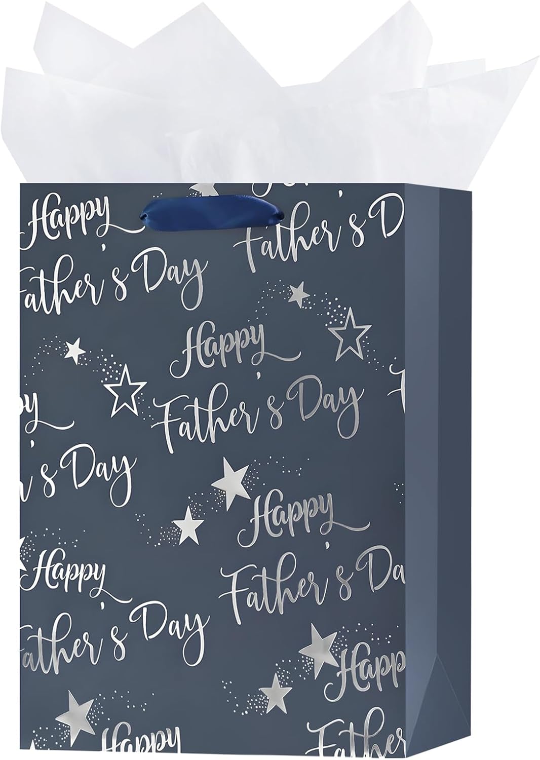 12.6" Medium Size Happy Fathers Day Gift Bag with Handles for New Dad Navy Blue Paper Gift Wrap Bags with Tissue