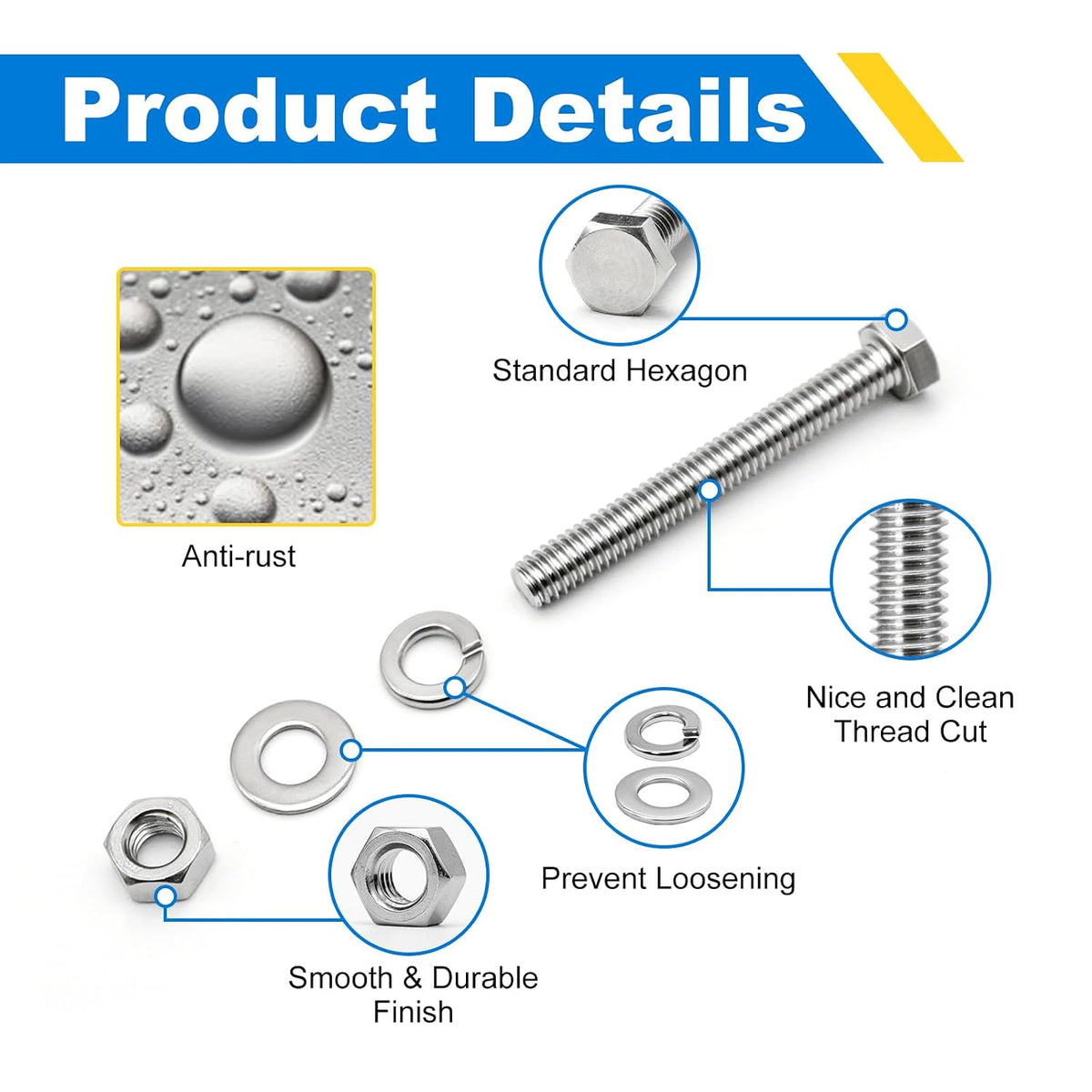 5/16-18 x 2-1/2" Hex Bolt Set with Nuts, Flat & Lock Washers - 304 SS