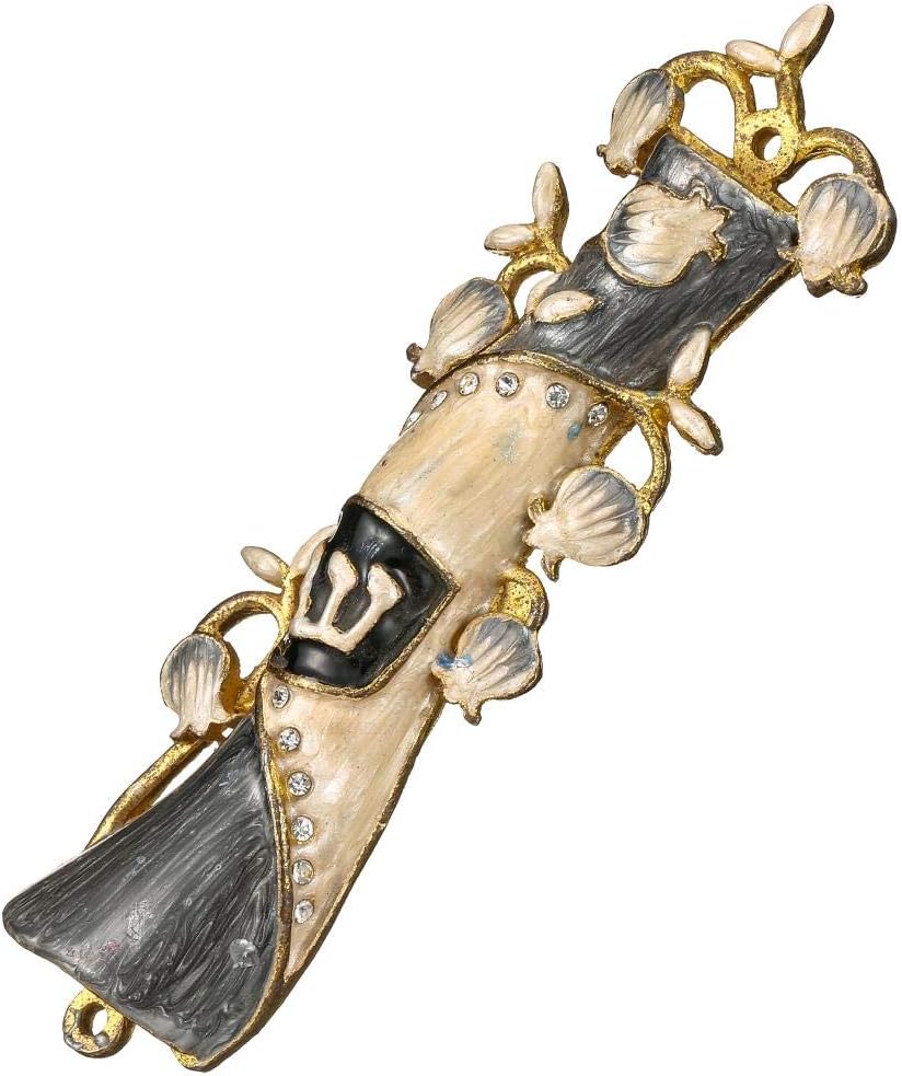 Mezuzah for Door with Scroll, Hand Painted Grey & Gold Enamel