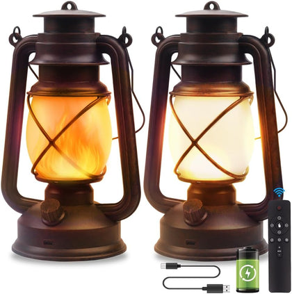 USB Rechargeable Lanterns 2 Pack with Remote Control 4 Modes Lights | Vintage Hanging Lanterns Outdoor Waterproof LED