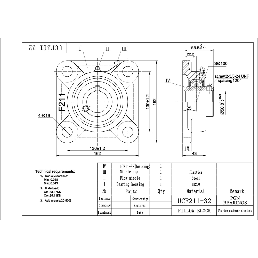 PGN UCF211-32 (4 Pack) Square Flange Bearing 2" Bore
