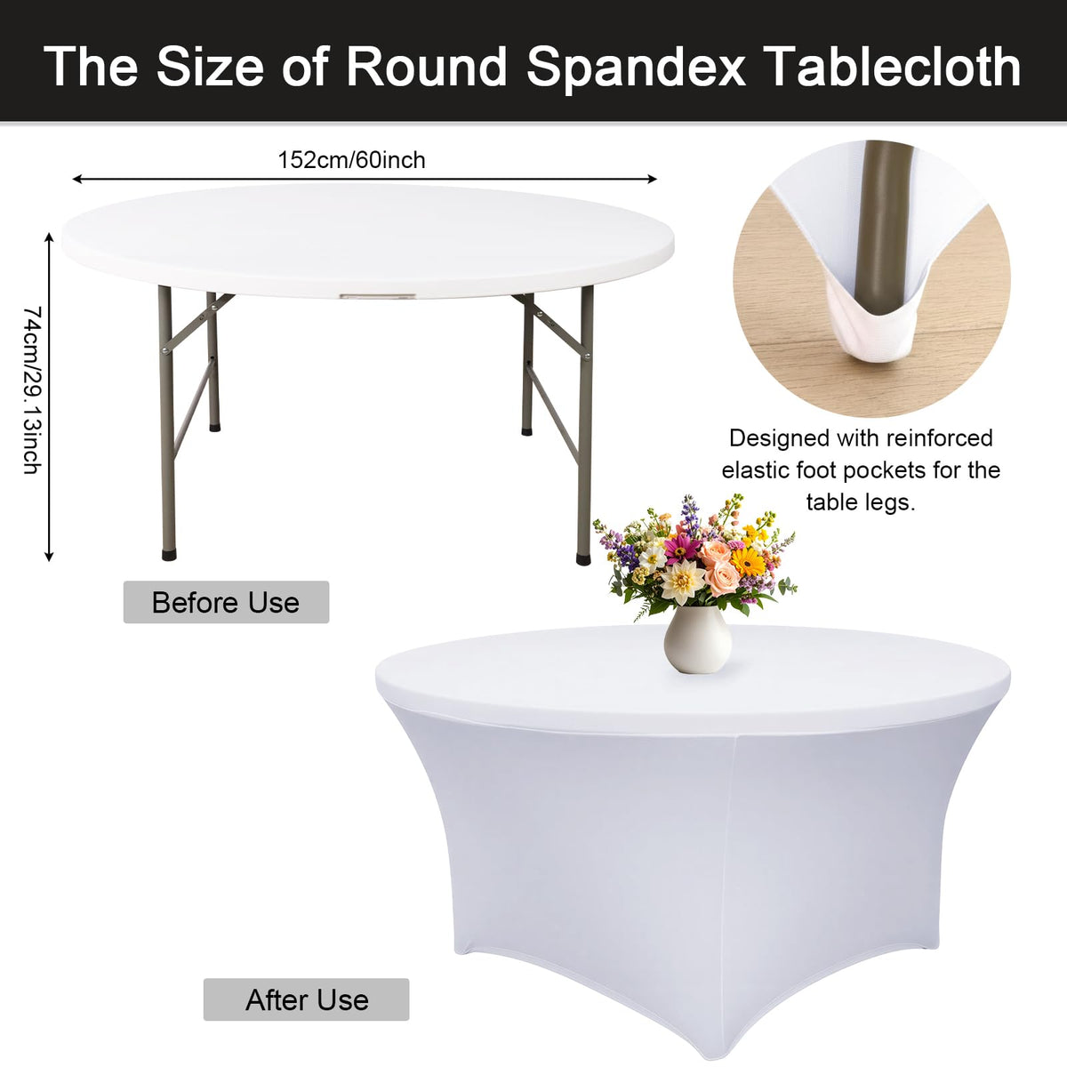 4 Pack 60 Inch Round Tablecloths White Spandex Fitted Table Covers
