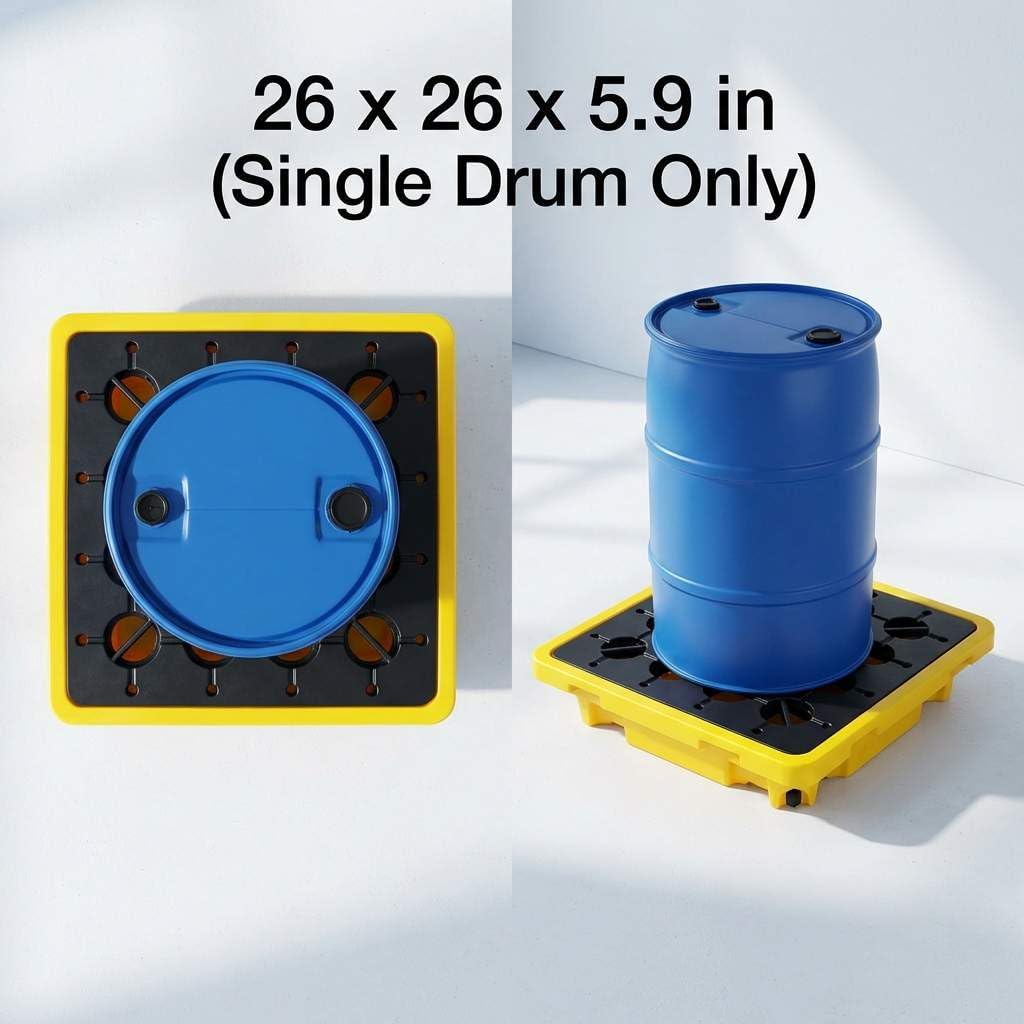 Single Drum Spill Containment Pallet – 26x26in Static Spill Platform for Workshop, Lab & Storage