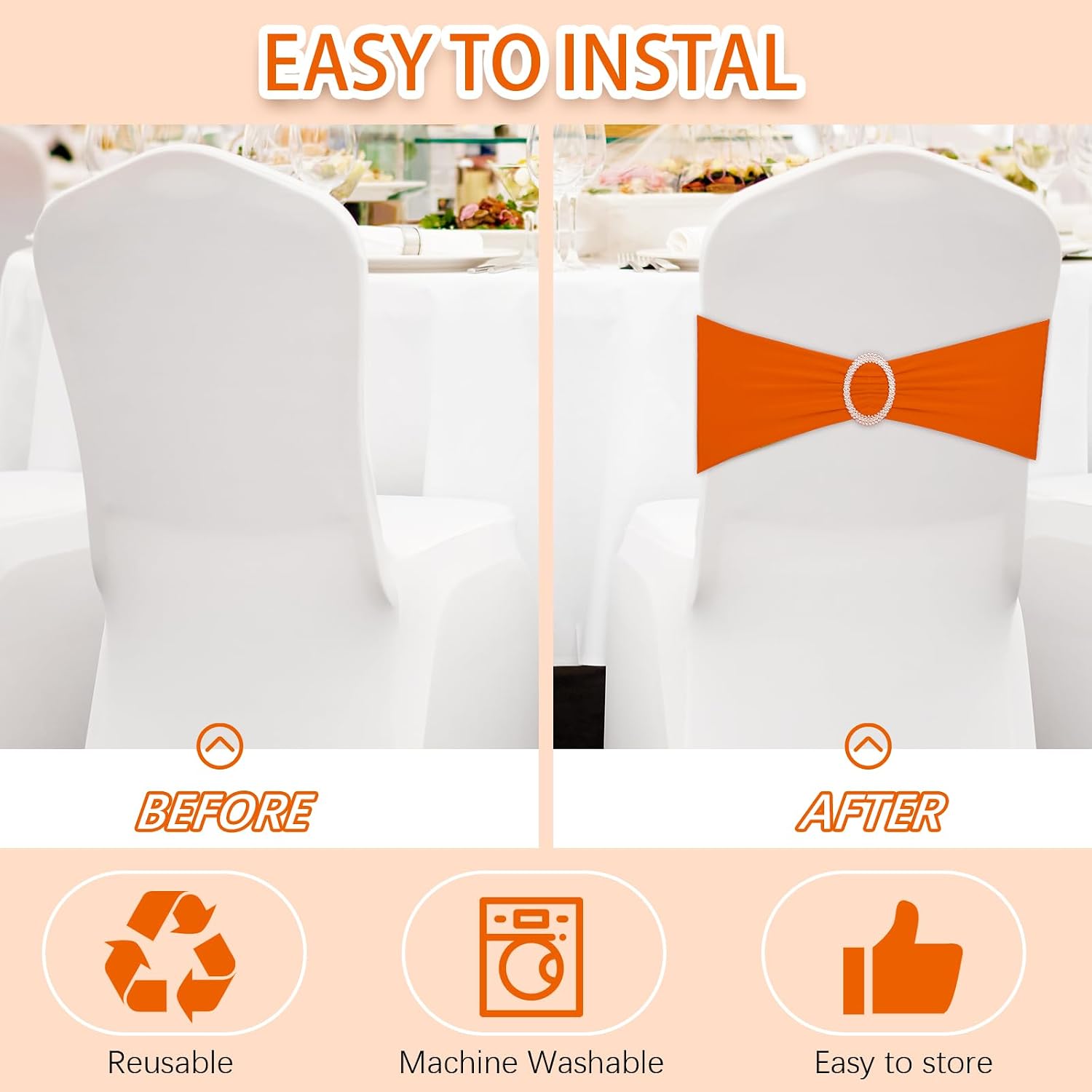 150 Pieces Spandex Stretch Chair Sashes Bows Elastic Chair Cover Bands Ties with Buckle Slider for Wedding Party
