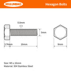 M5-0.8 x 16mm Heavy Duty Hexagon Bolts Hex Head Screws, 304 Stainless Steel, Metric Machine Fully Thread, Bright Finish, 50PCS