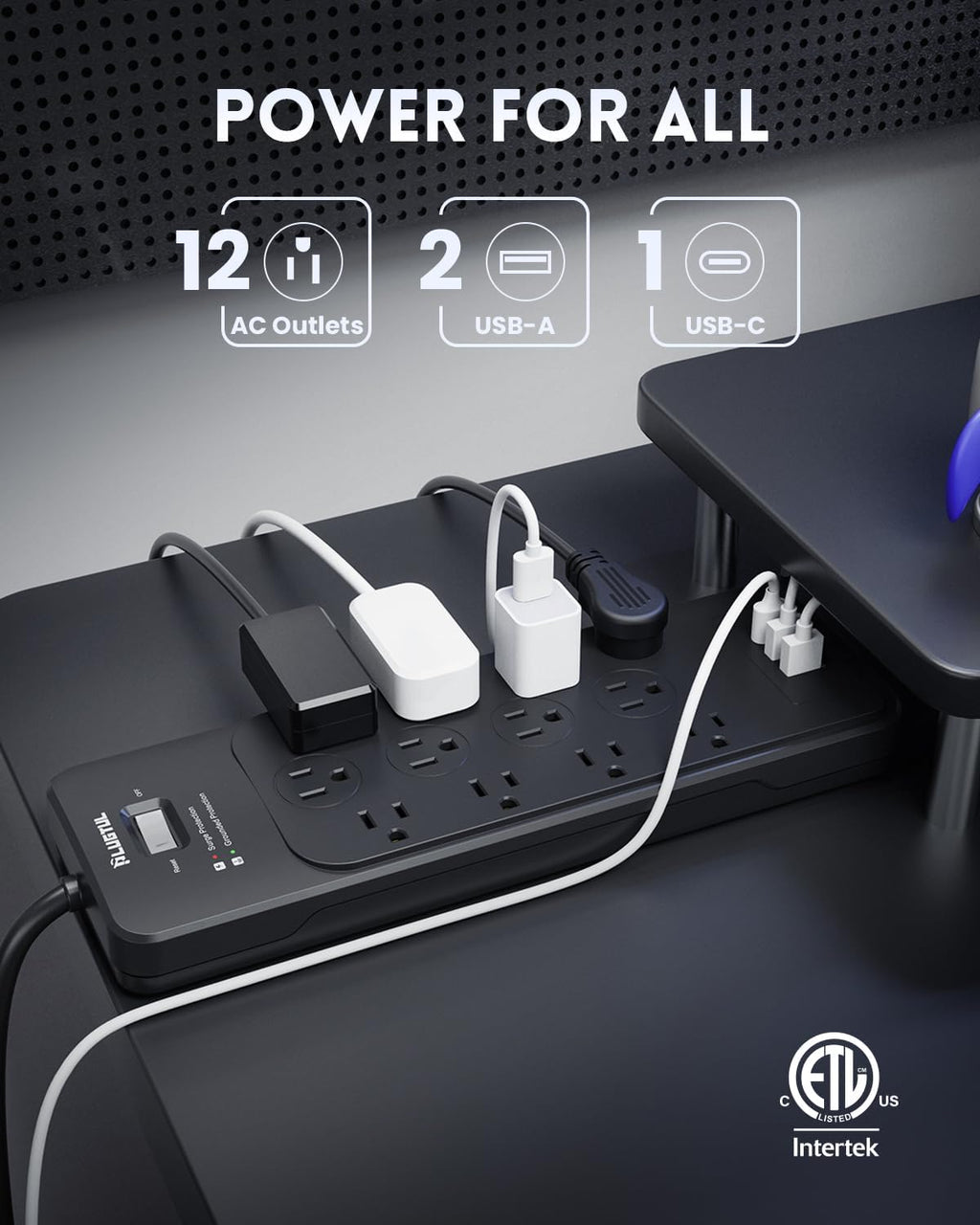 Surge Protector Power Strip 5FT | Black Surge Protector with 12 Outlets - Spacious Design for Large Plugs, Flat Plug