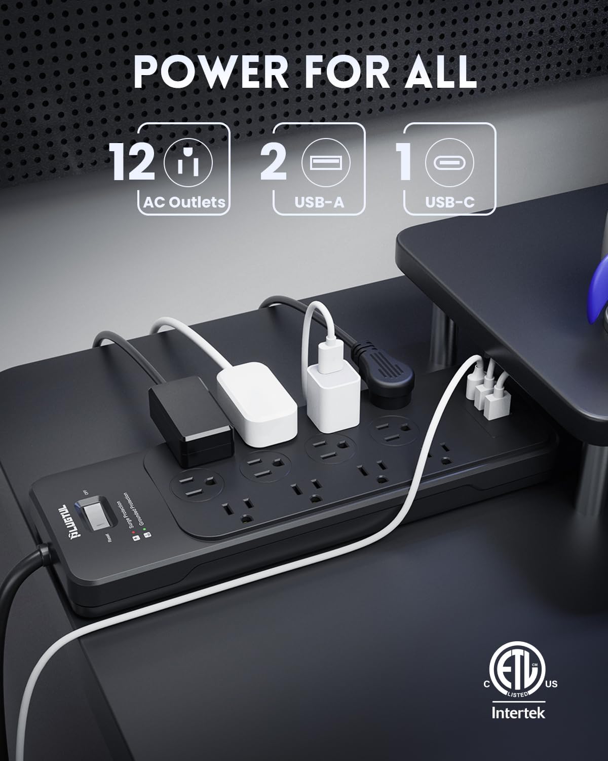 Surge Protector Power Strip 5FT | Black Surge Protector with 12 Outlets - Spacious Design for Large Plugs, Flat Plug