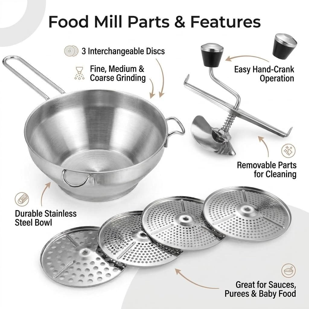 Stainless Steel Food Mill – Heavy-Duty Hand Crank Food Mill with 3 Interchangeable Discs |Manual Food Strainer for