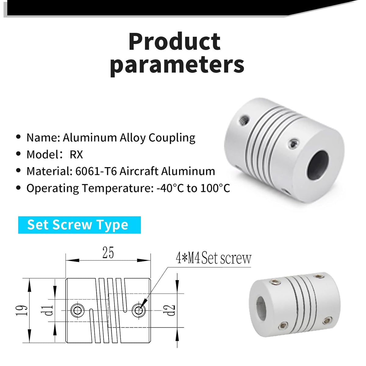 Beam Coupling, 4mm to 5mm Bore Aluminum Alloy Shaft Coupler D19 x L25mm for Stepper Motor, 3D Printer, CNC Encoder