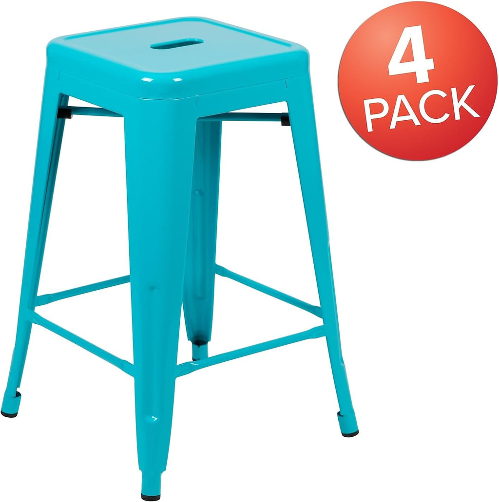 24 in Metal Stackable Counter Stool, Teal, 4-Pack