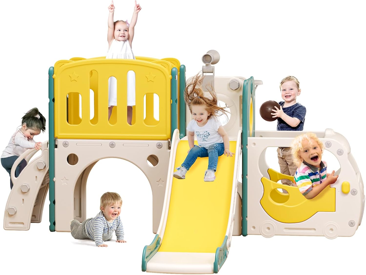 Toddler Slide Kids Slide Playset for Babies Bus Themed Toddler Playground with Climber Baskteball Hoop Indoor