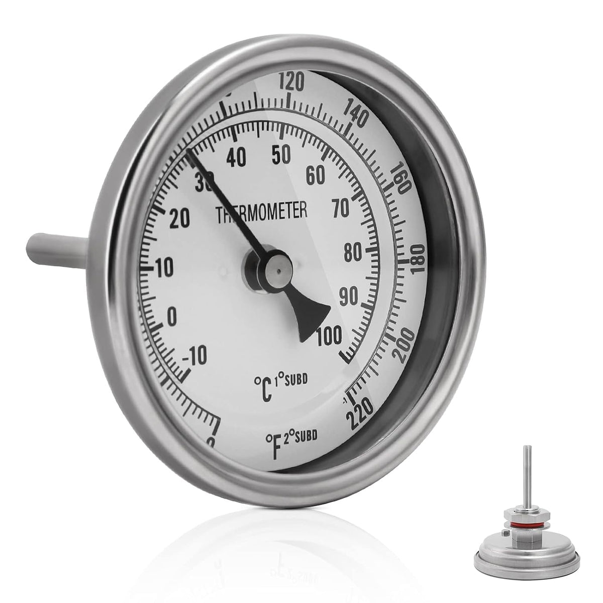 FERRODAY 3" Dial 2" Probe 1/2 NPT Stainless Steel Dial Kettle Thermometer