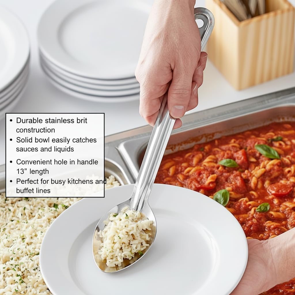 13-inch Solid Stainless Steel Basting Spoons Set – Commercial Grade Serving & Stir Ring Spoons – Available in 3-Pack